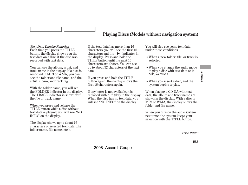 Playing discs (models without navigation system) | HONDA 2008 Accord Coupe User Manual | Page 156 / 412