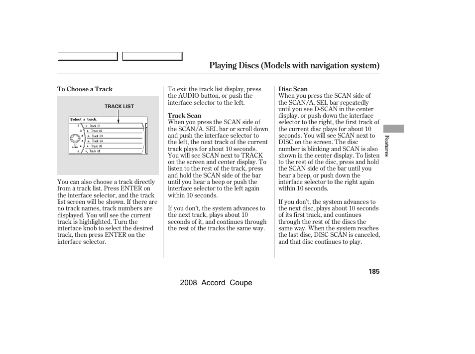Playing discs (models with navigation system) | HONDA 2008 Accord Coupe User Manual | Page 188 / 412