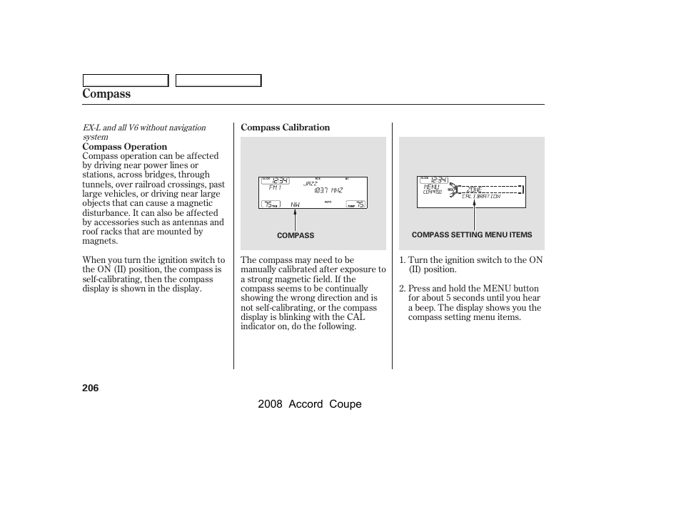 Compass | HONDA 2008 Accord Coupe User Manual | Page 209 / 412
