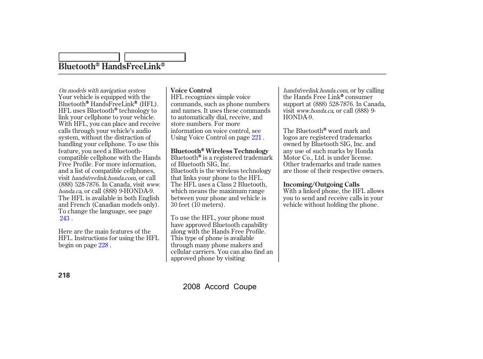 Bluetooth handsfreelink | HONDA 2008 Accord Coupe User Manual | Page 221 / 412