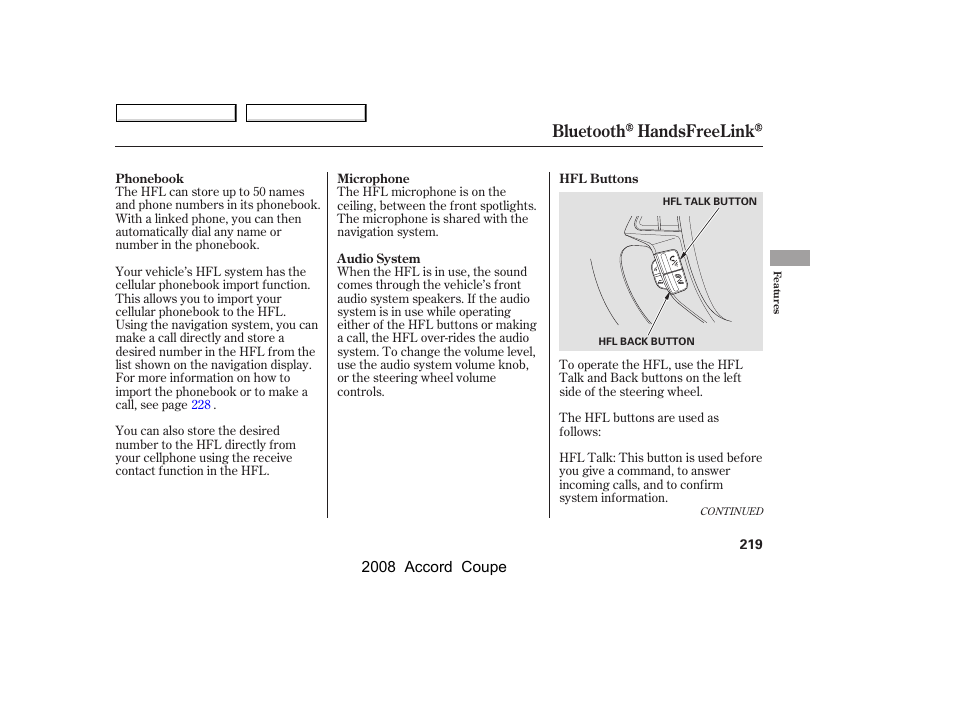 Bluetooth handsfreelink | HONDA 2008 Accord Coupe User Manual | Page 222 / 412