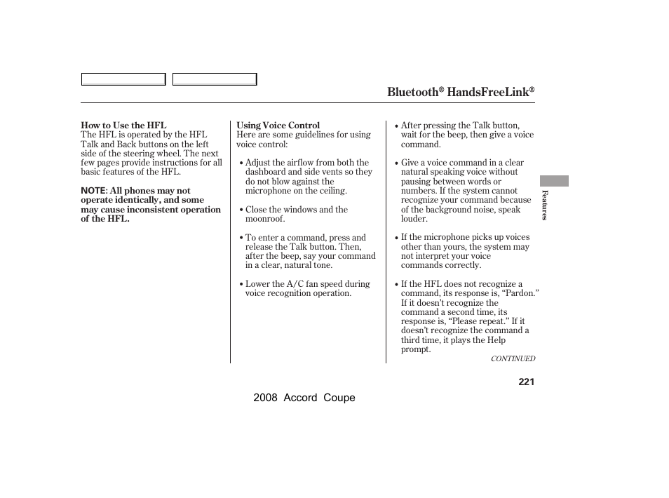 Bluetooth handsfreelink | HONDA 2008 Accord Coupe User Manual | Page 224 / 412