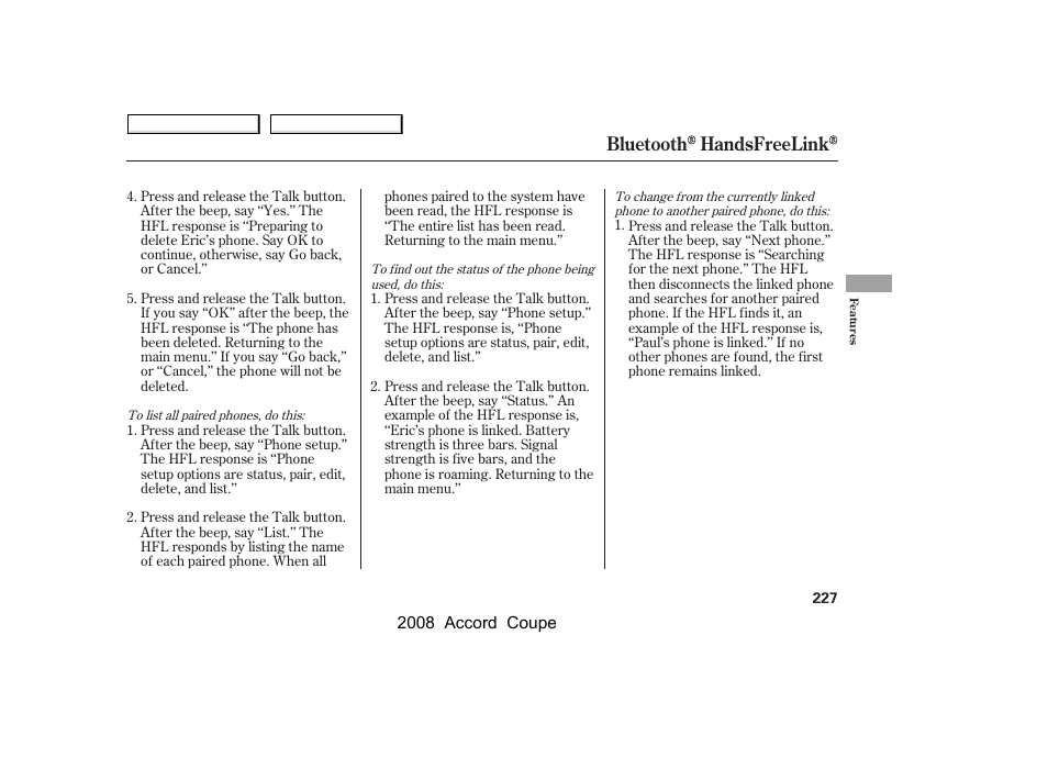 Bluetooth handsfreelink | HONDA 2008 Accord Coupe User Manual | Page 230 / 412
