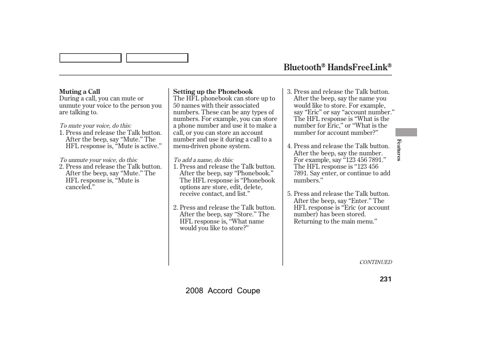 Bluetooth handsfreelink | HONDA 2008 Accord Coupe User Manual | Page 234 / 412