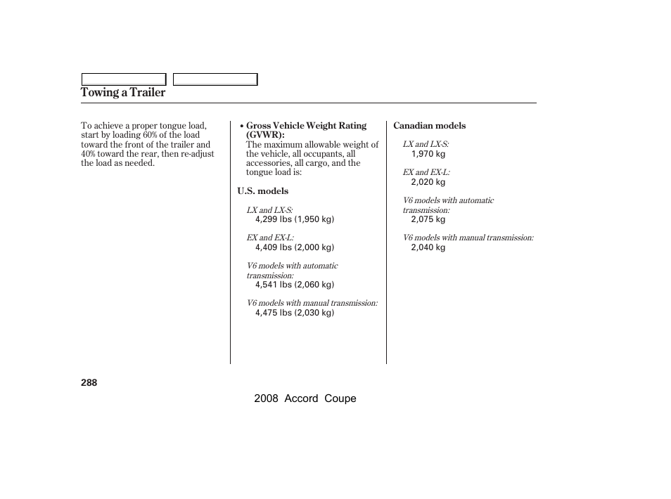 Towing a trailer | HONDA 2008 Accord Coupe User Manual | Page 291 / 412