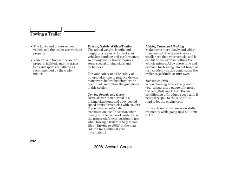 Towing a trailer | HONDA 2008 Accord Coupe User Manual | Page 295 / 412