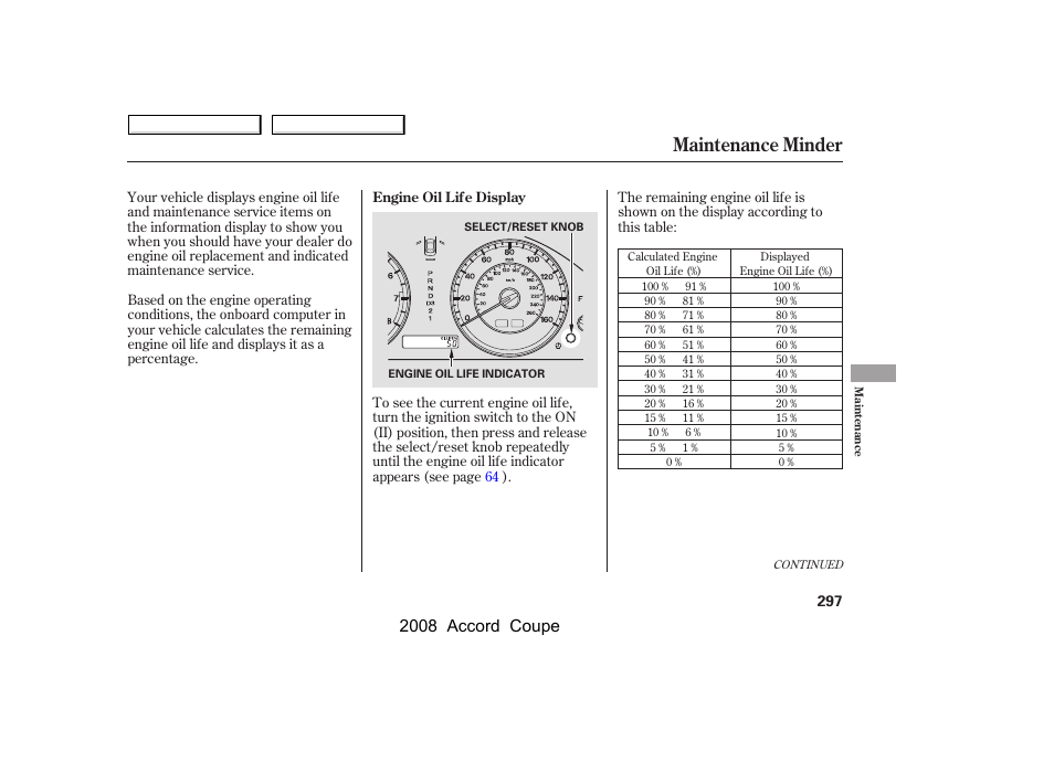 Maintenance minder, 2008 accord coupe | HONDA 2008 Accord Coupe User Manual | Page 300 / 412