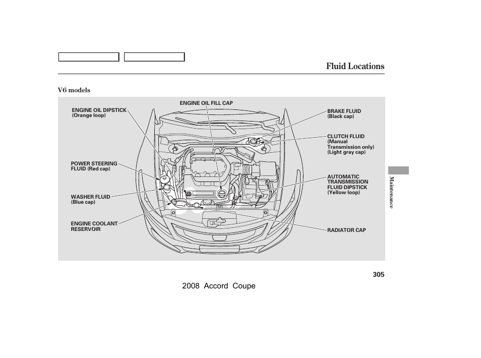 Fluid locations, 2008 accord coupe | HONDA 2008 Accord Coupe User Manual | Page 308 / 412