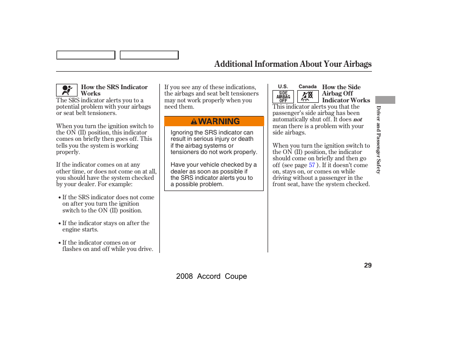 Additional information about your airbags, 2008 accord coupe | HONDA 2008 Accord Coupe User Manual | Page 32 / 412
