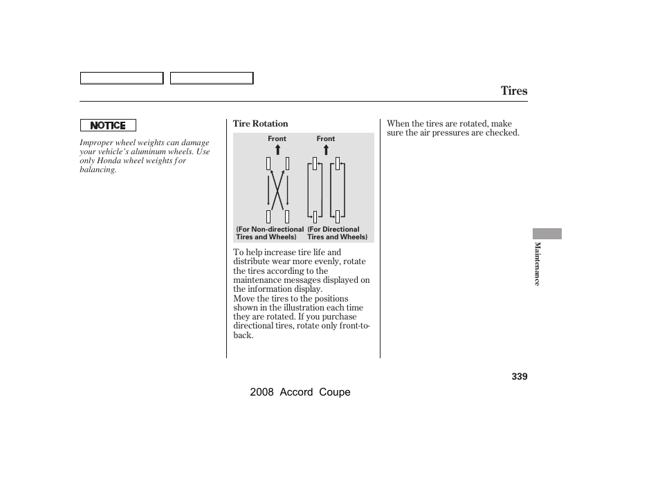 Tires, 2008 accord coupe | HONDA 2008 Accord Coupe User Manual | Page 342 / 412