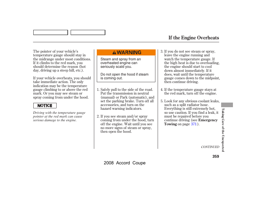 If the engine overheats, 2008 accord coupe | HONDA 2008 Accord Coupe User Manual | Page 362 / 412