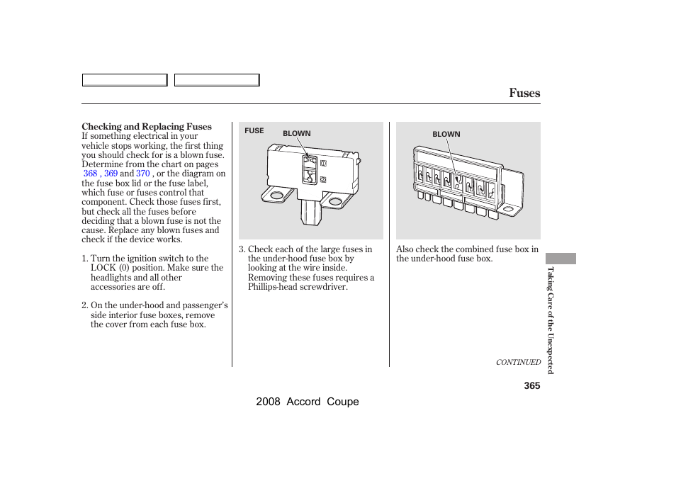 Fuses, 2008 accord coupe | HONDA 2008 Accord Coupe User Manual | Page 368 / 412