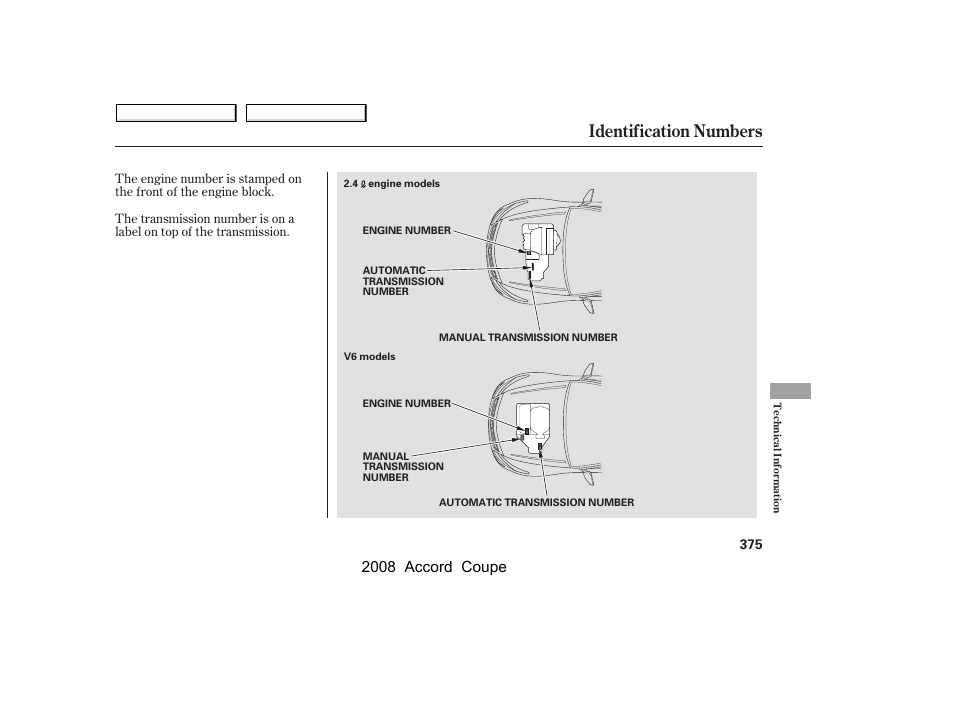 Identification numbers, 2008 accord coupe | HONDA 2008 Accord Coupe User Manual | Page 378 / 412