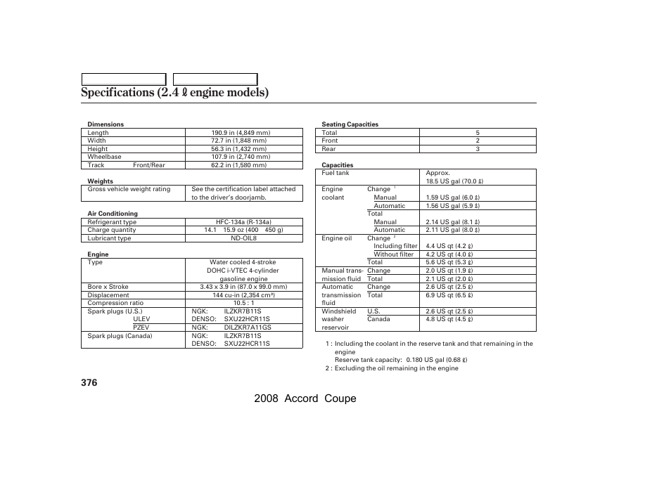 Specifications (2.4 engine models), 2008 accord coupe | HONDA 2008 Accord Coupe User Manual | Page 379 / 412