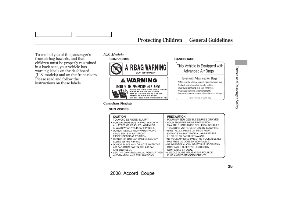 Protecting children general guidelines, 2008 accord coupe | HONDA 2008 Accord Coupe User Manual | Page 38 / 412