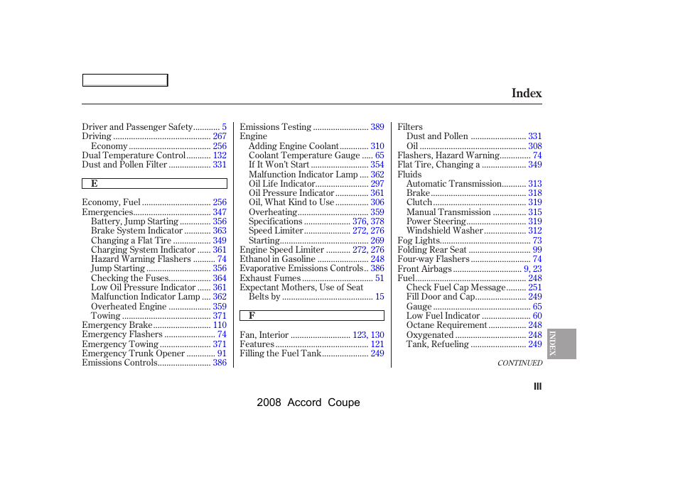 Index | HONDA 2008 Accord Coupe User Manual | Page 402 / 412