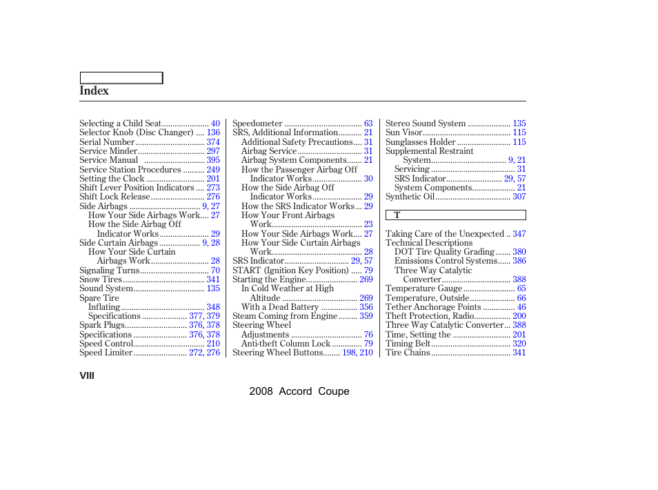 Index | HONDA 2008 Accord Coupe User Manual | Page 407 / 412