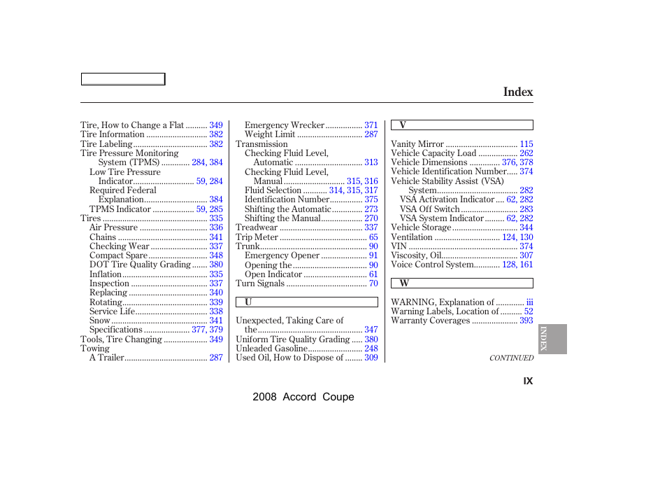 Index | HONDA 2008 Accord Coupe User Manual | Page 408 / 412