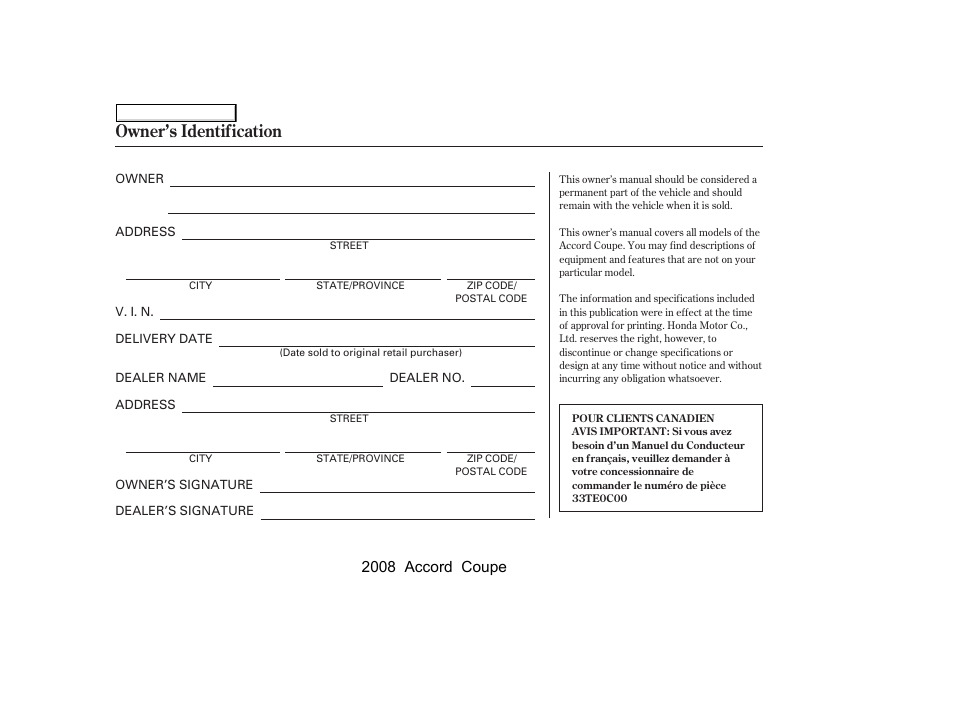 Owner’s identification, 2008 accord coupe | HONDA 2008 Accord Coupe User Manual | Page 412 / 412