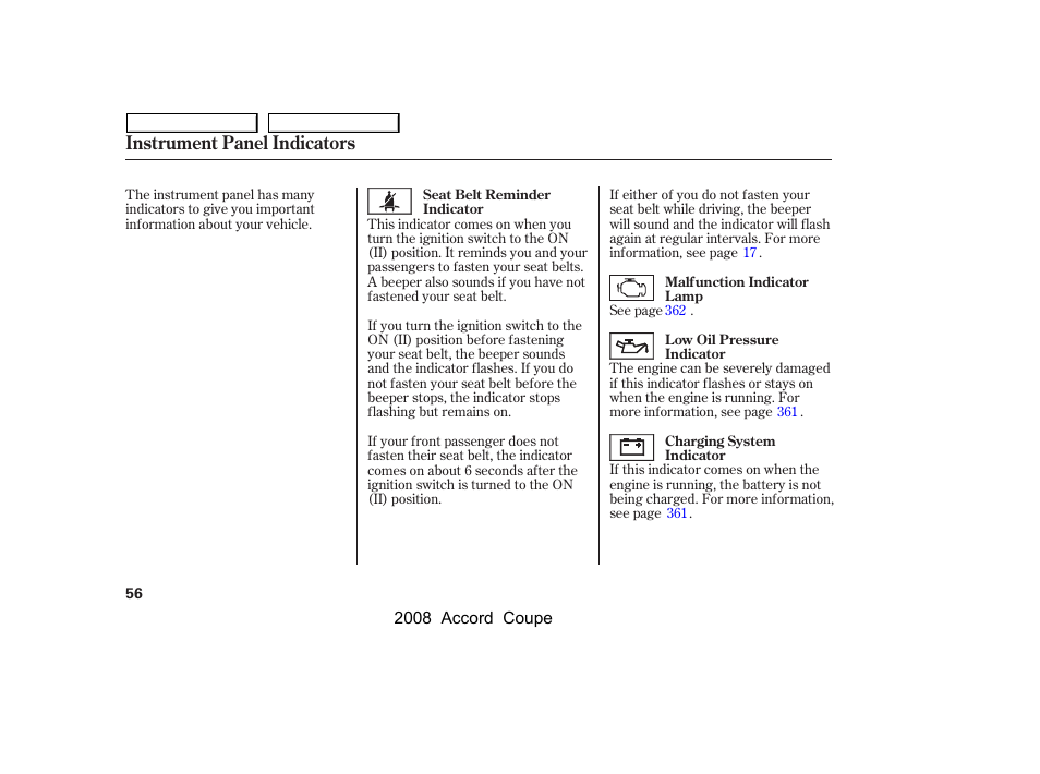 Instrument panel indicators | HONDA 2008 Accord Coupe User Manual | Page 59 / 412