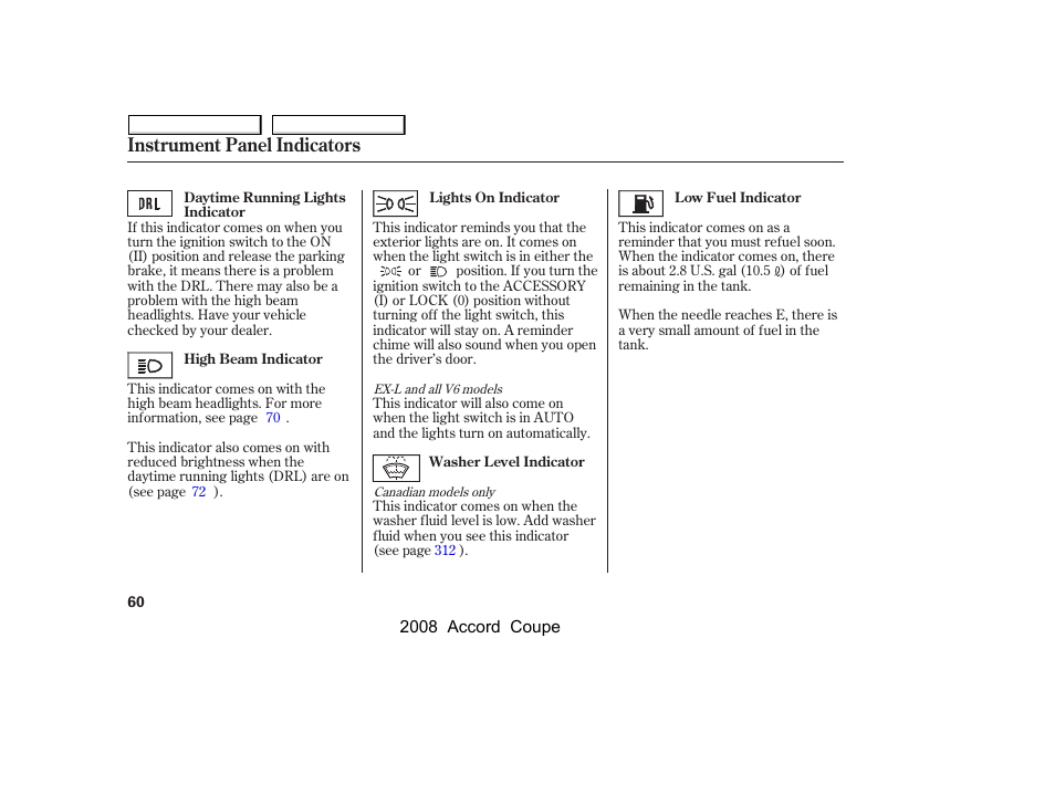 Instrument panel indicators | HONDA 2008 Accord Coupe User Manual | Page 63 / 412