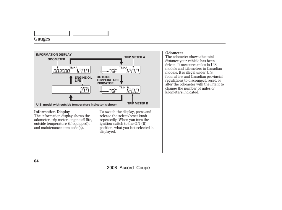 Gauges, 2008 accord coupe | HONDA 2008 Accord Coupe User Manual | Page 67 / 412