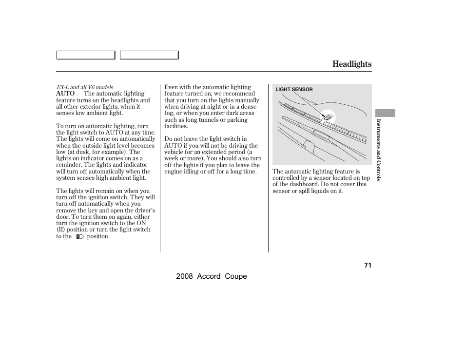 Headlights, 2008 accord coupe | HONDA 2008 Accord Coupe User Manual | Page 74 / 412