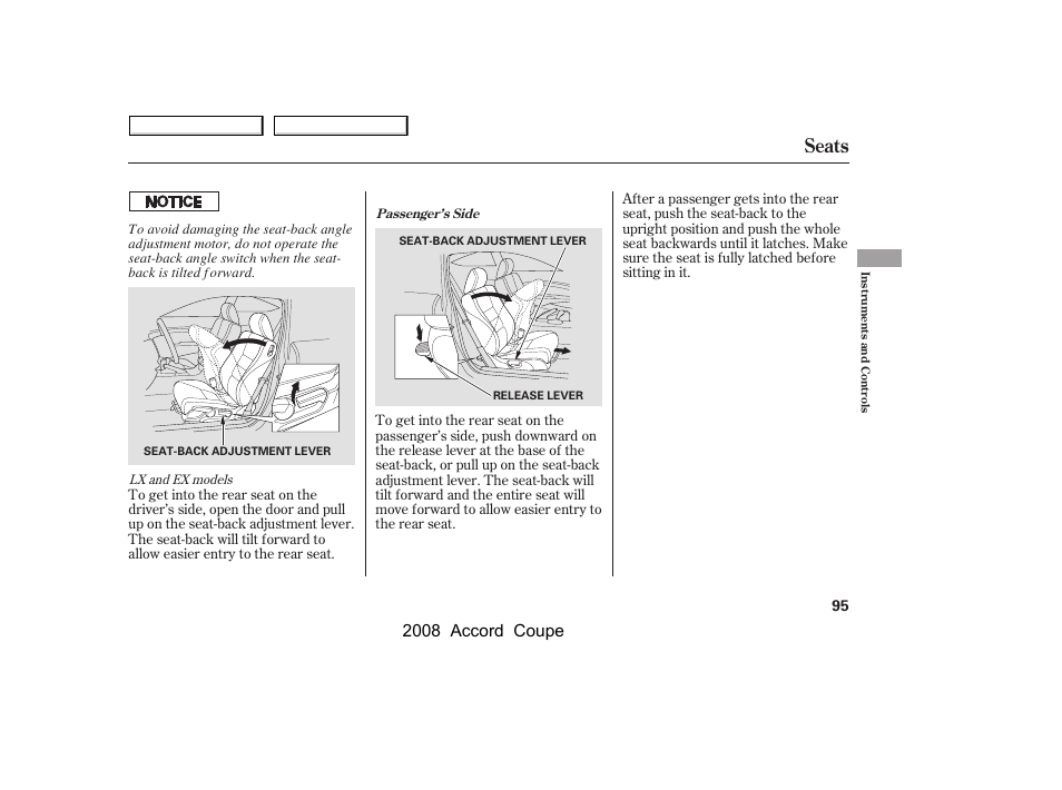Seats, 2008 accord coupe | HONDA 2008 Accord Coupe User Manual | Page 98 / 412