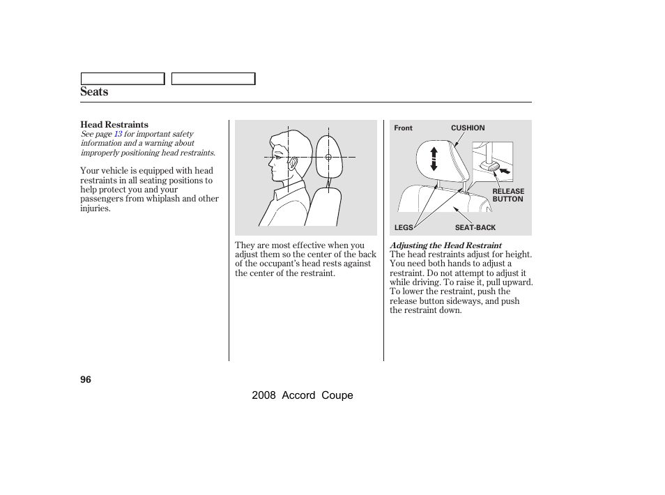 Seats, 2008 accord coupe | HONDA 2008 Accord Coupe User Manual | Page 99 / 412