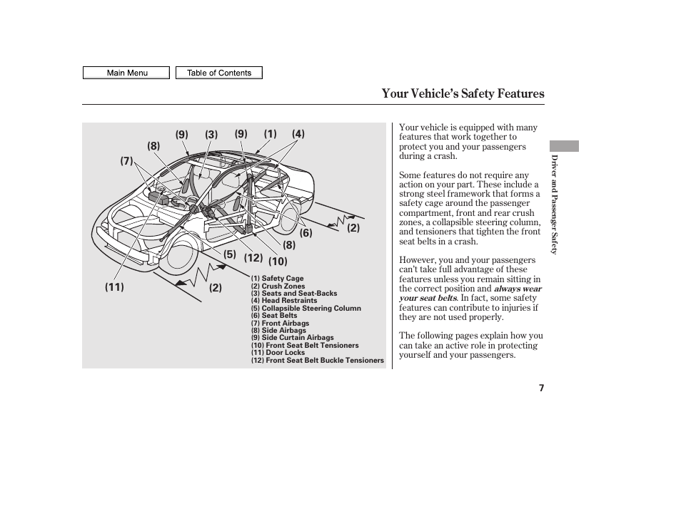 Your vehicle’s safety features | HONDA 2010 Civic Sedan User Manual | Page 10 / 387