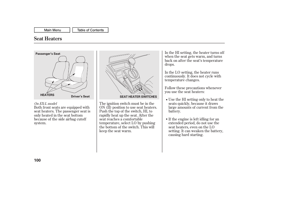 Seat heaters | HONDA 2010 Civic Sedan User Manual | Page 103 / 387