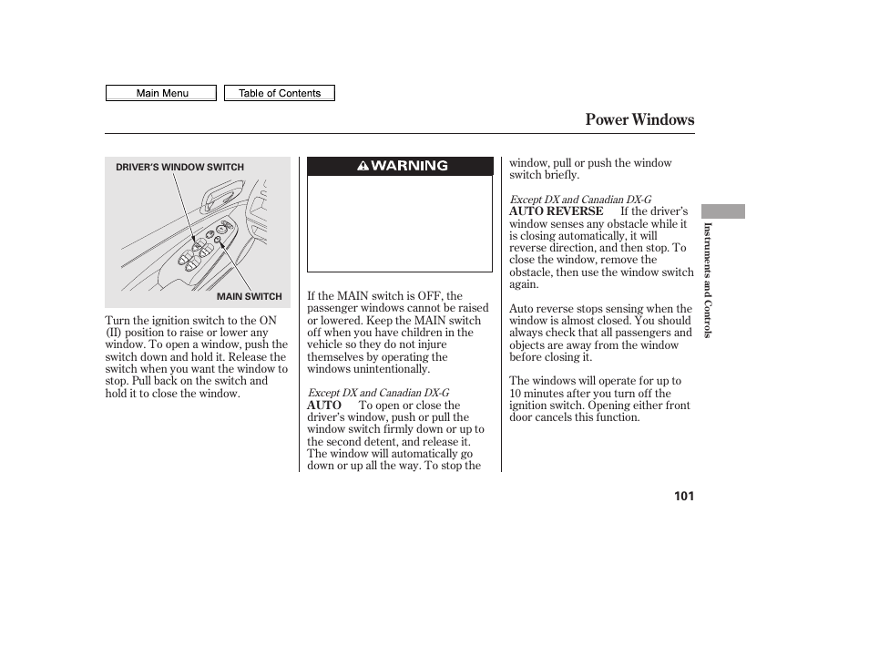 Power windows | HONDA 2010 Civic Sedan User Manual | Page 104 / 387