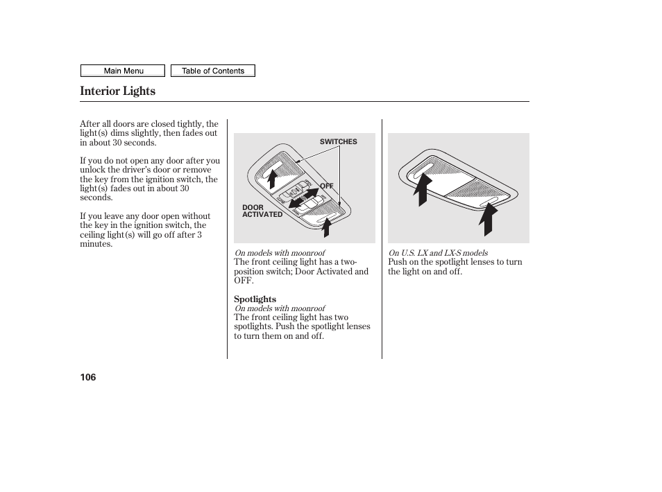 Interior lights | HONDA 2010 Civic Sedan User Manual | Page 109 / 387