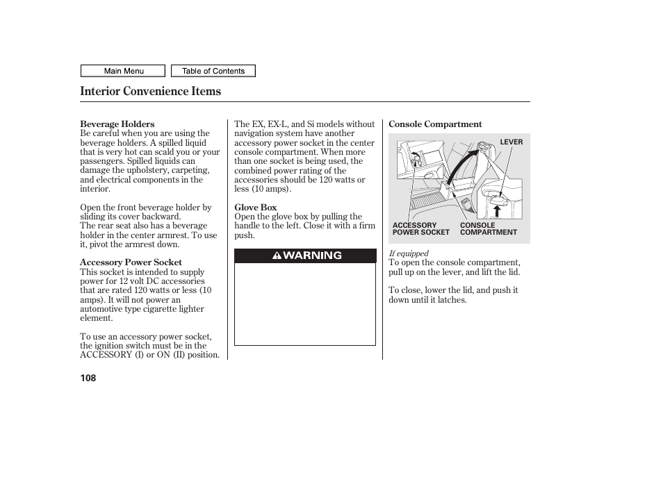 Console compartment, Glove box, Accessory power socket | Beverage holders, Interior convenience items | HONDA 2010 Civic Sedan User Manual | Page 111 / 387