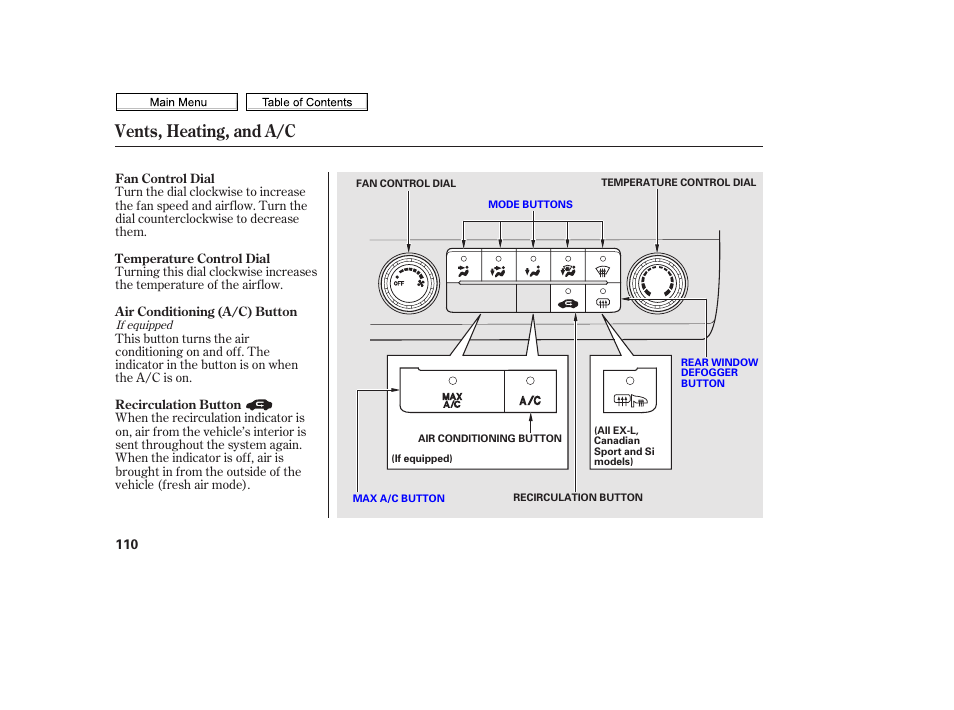 Vents, heating, and a/c | HONDA 2010 Civic Sedan User Manual | Page 113 / 387