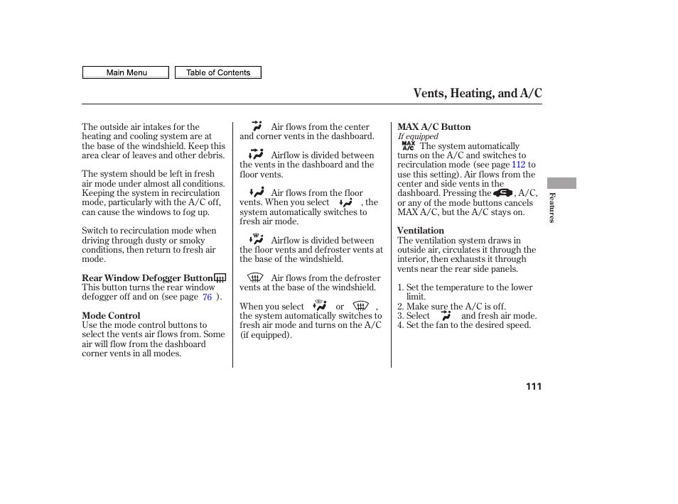 Vents, heating, and a/c | HONDA 2010 Civic Sedan User Manual | Page 114 / 387