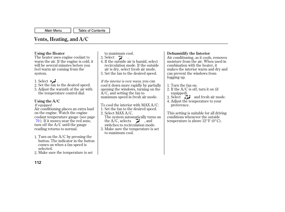 Vents, heating, and a/c | HONDA 2010 Civic Sedan User Manual | Page 115 / 387