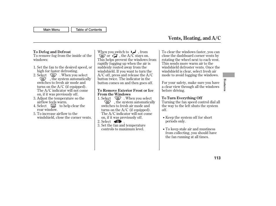 Vents, heating, and a/c | HONDA 2010 Civic Sedan User Manual | Page 116 / 387