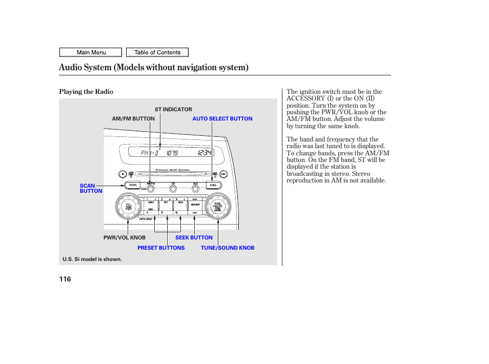 Audio system (models without navigation system) | HONDA 2010 Civic Sedan User Manual | Page 119 / 387