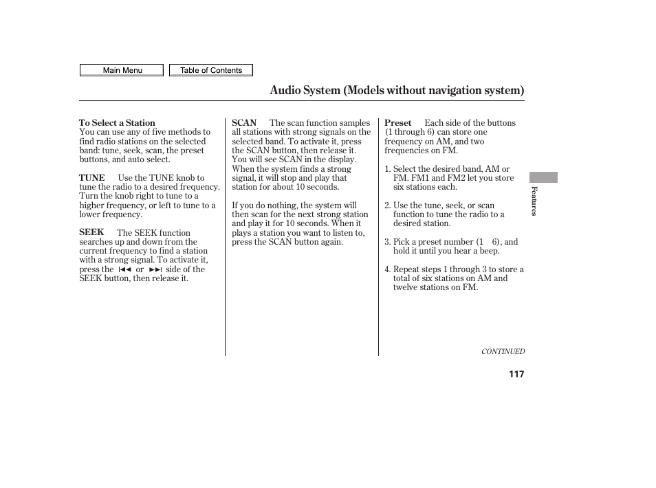 Scan button, Seek button, Preset buttons | Tune/sound knob, Audio system (models without navigation system) | HONDA 2010 Civic Sedan User Manual | Page 120 / 387