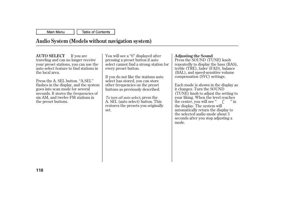 Auto select button, Audio system (models without navigation system) | HONDA 2010 Civic Sedan User Manual | Page 121 / 387