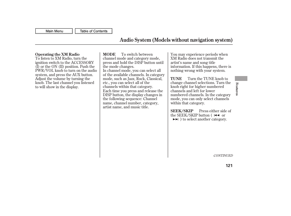 Display button, Tune knob, Aux button | Pwr/vol knob, Seek/skip button, Audio system (models without navigation system) | HONDA 2010 Civic Sedan User Manual | Page 124 / 387