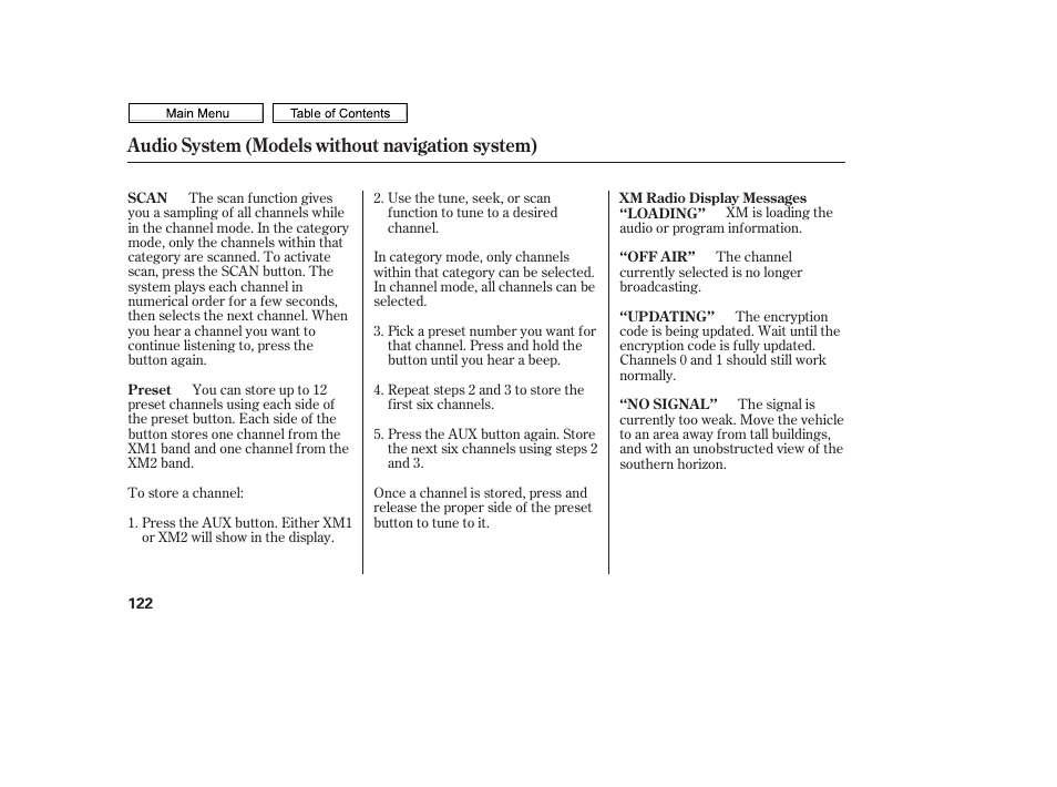 Scan button, Preset buttons, Audio system (models without navigation system) | HONDA 2010 Civic Sedan User Manual | Page 125 / 387