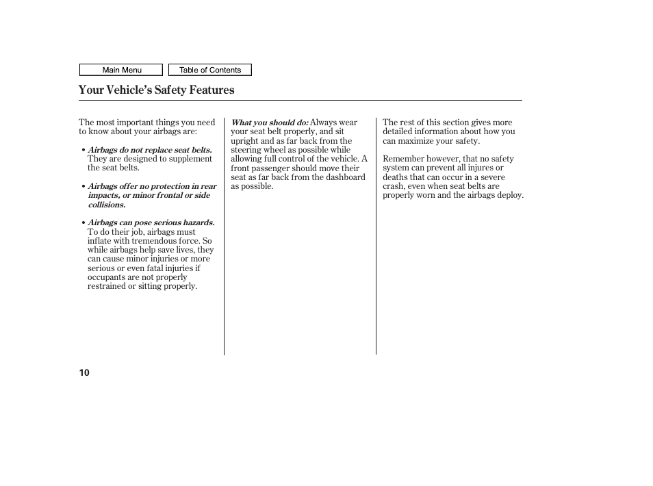 Your vehicle’s safety features | HONDA 2010 Civic Sedan User Manual | Page 13 / 387