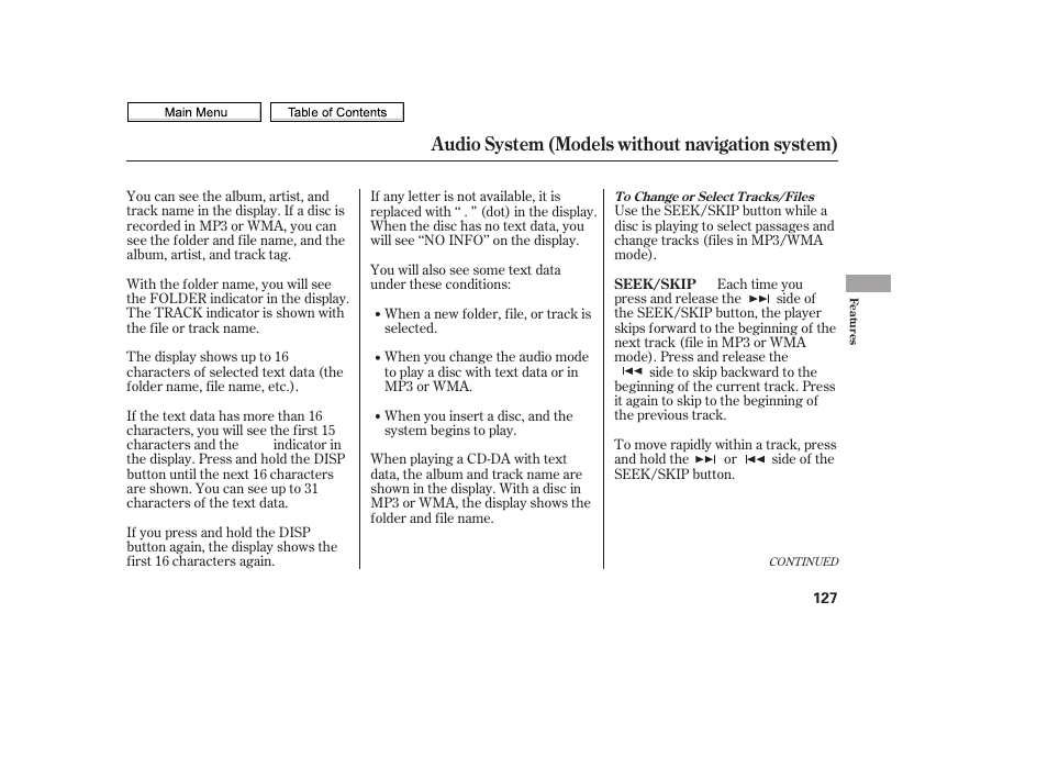 Seek/skip button, Audio system (models without navigation system) | HONDA 2010 Civic Sedan User Manual | Page 130 / 387