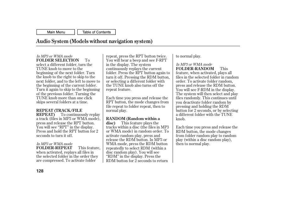 Random button, Repeat button, Folder knob | Audio system (models without navigation system) | HONDA 2010 Civic Sedan User Manual | Page 131 / 387