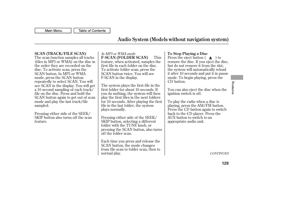 Eject button, Scan button, Audio system (models without navigation system) | HONDA 2010 Civic Sedan User Manual | Page 132 / 387