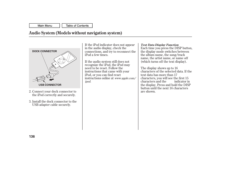 Display button, Ipod indicator, Audio system (models without navigation system) | HONDA 2010 Civic Sedan User Manual | Page 139 / 387