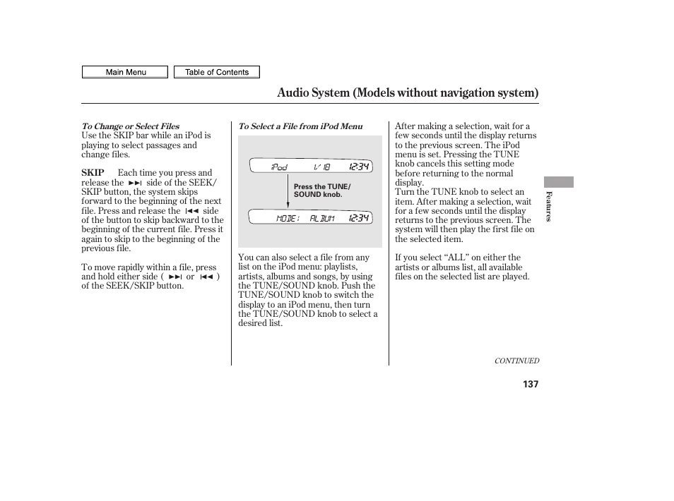 Seek/skip button, Tune/sound knob, Audio system (models without navigation system) | HONDA 2010 Civic Sedan User Manual | Page 140 / 387