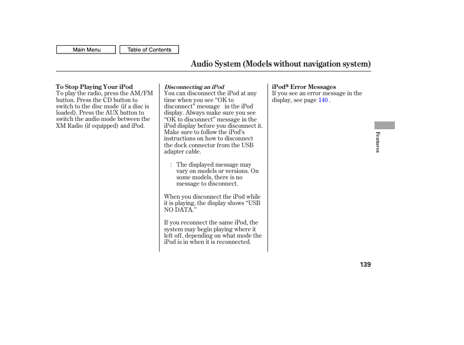 Audio system (models without navigation system) | HONDA 2010 Civic Sedan User Manual | Page 142 / 387